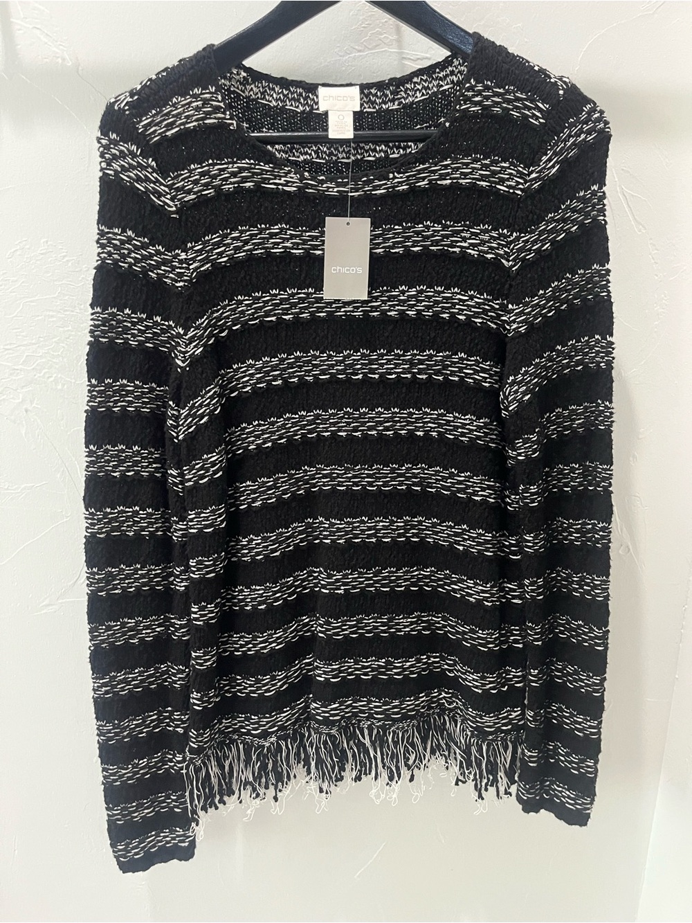 Chico's Black & White Striped Fringe Crewneck Sweater